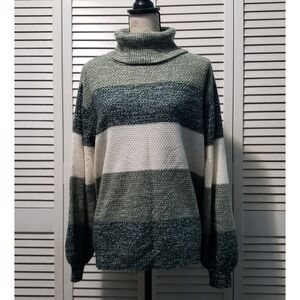 Zenana Knit Turtleneck Sweater Women's XL Green Cream Striped Balloon Sleeve